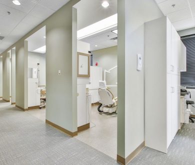 Interior view of hallway and exam rooms in Dave Lee Dentistry office in Fayetteville, GA.