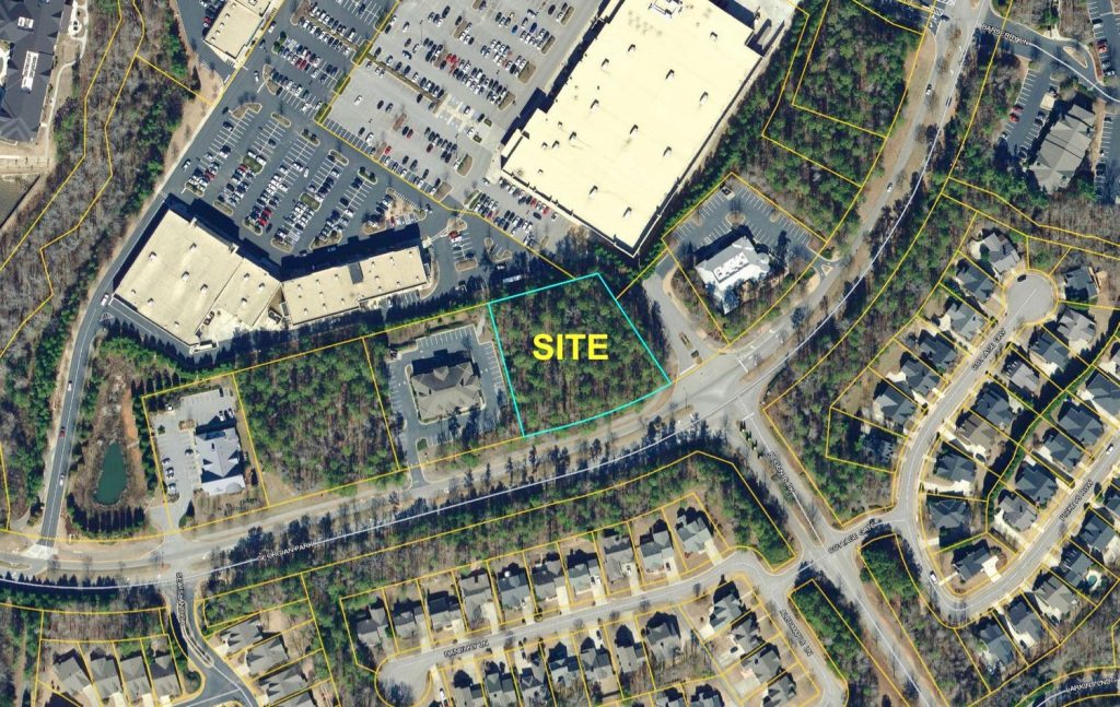 Aerial view of 1.36 acre tract for sale at Georgian Park in Peachtree City, GA.