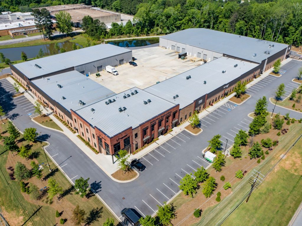 Aerial exterior front view of Paschall Business Center in Peachtree City, GA.