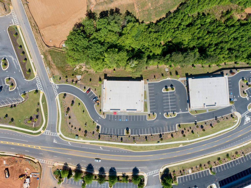 Aerial view of the top of the two Newnan Crossing Blvd Professional Center buildings in Newnan, GA.