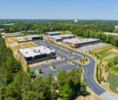 Aerial view of five buildings in the South 74 Industrial Office complex in Peachtree City, GA.