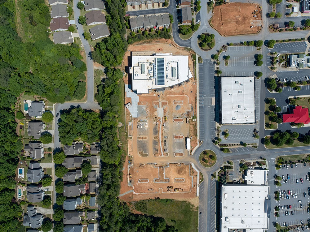 Aerial overhead view of SMC3 Atlanta Headquarters building in Peachtree City, GA.