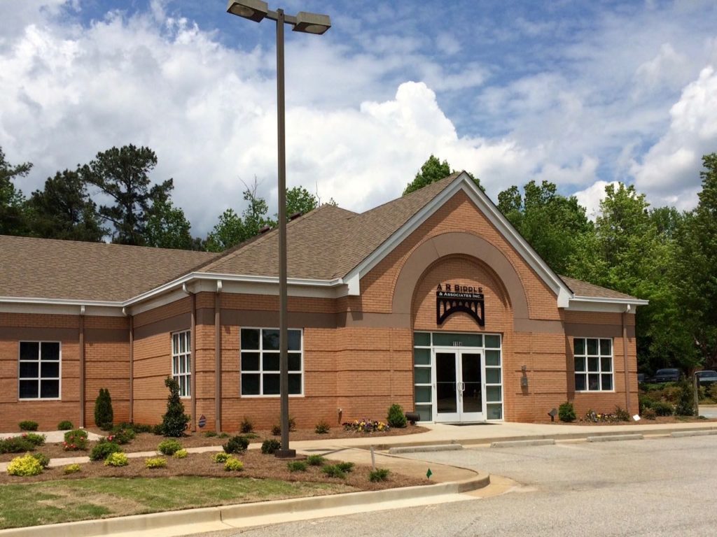 Exterior front view of brick building for A.R. Biddle in Peachtree City, GA.