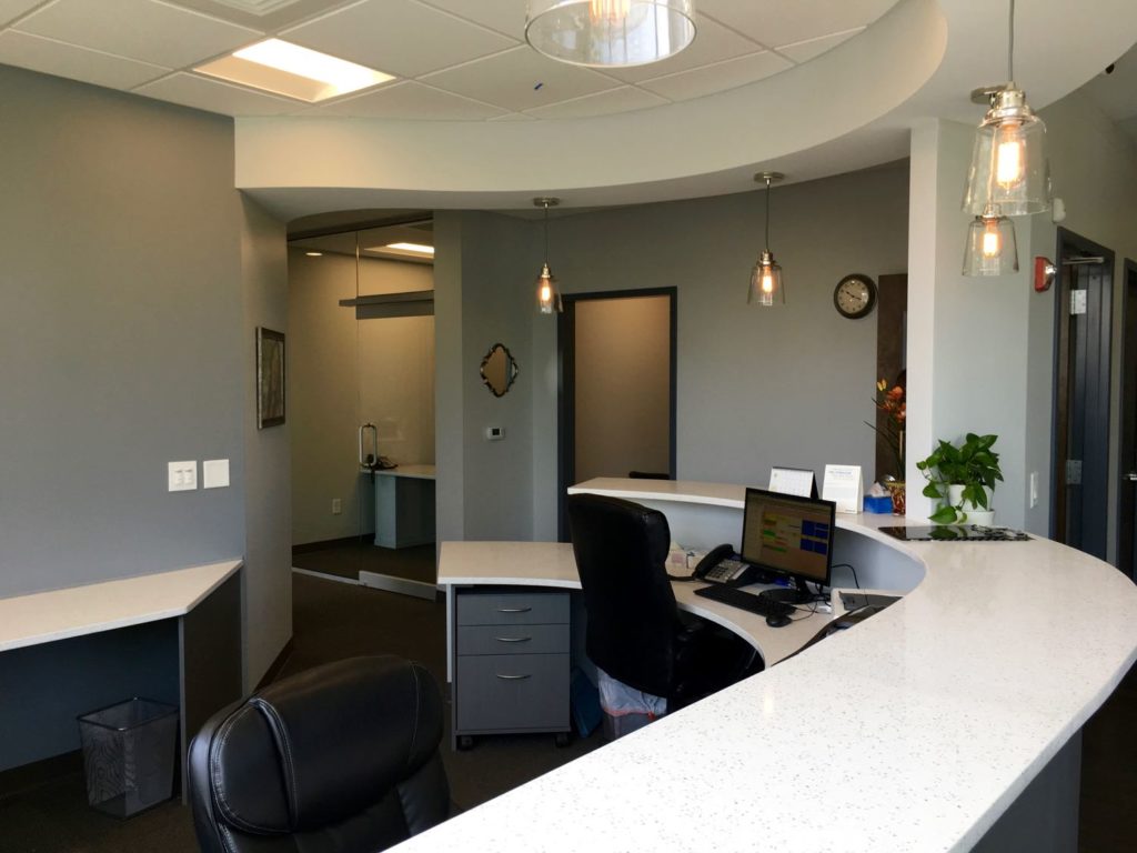 Interior front desk and lobby for Dental Solutions of Brookhaven in Atlanta, GA.