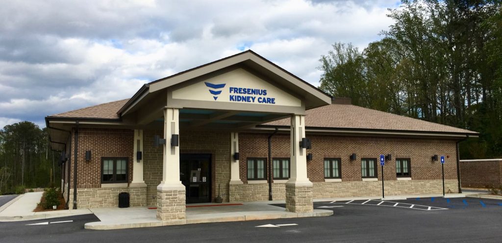 Front exterior view of Fresenius Kidney Care medical facility in Sharpsburg, GA.