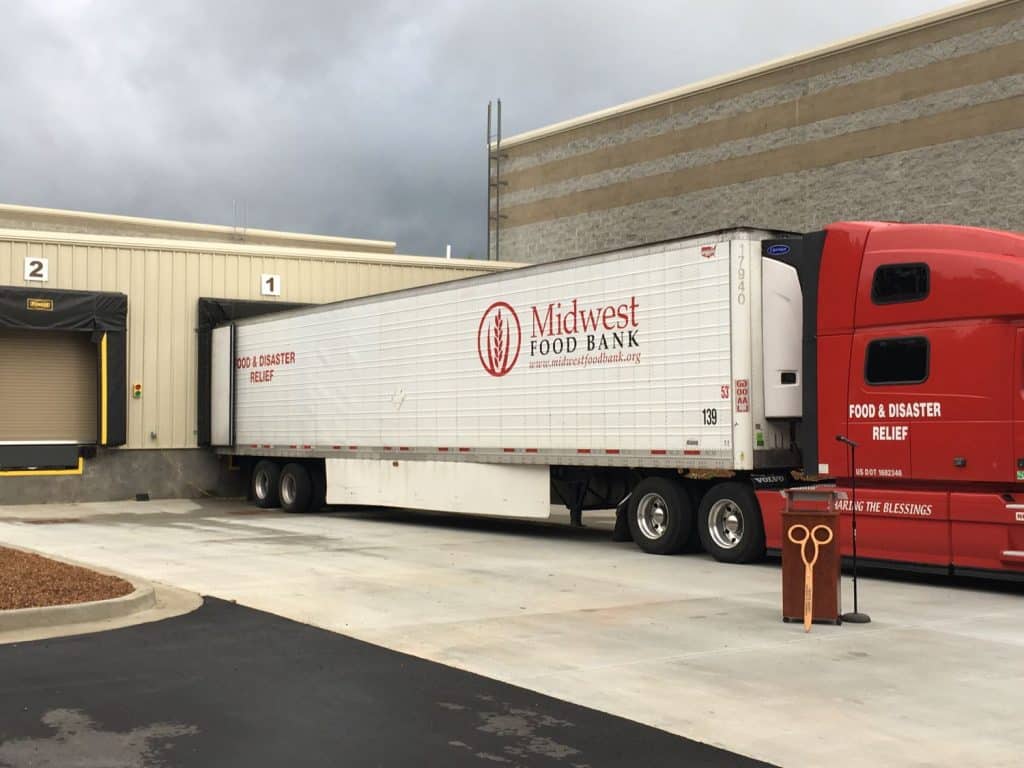 Outside view of dock door and tractor trailer at Midwest Food Bank in Peachtree City, GA.