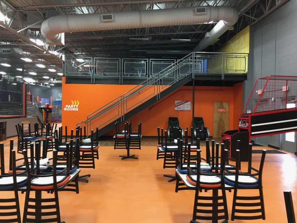View of eating area and party room area in Sky Zone Trampoline Park in Newnan, GA.