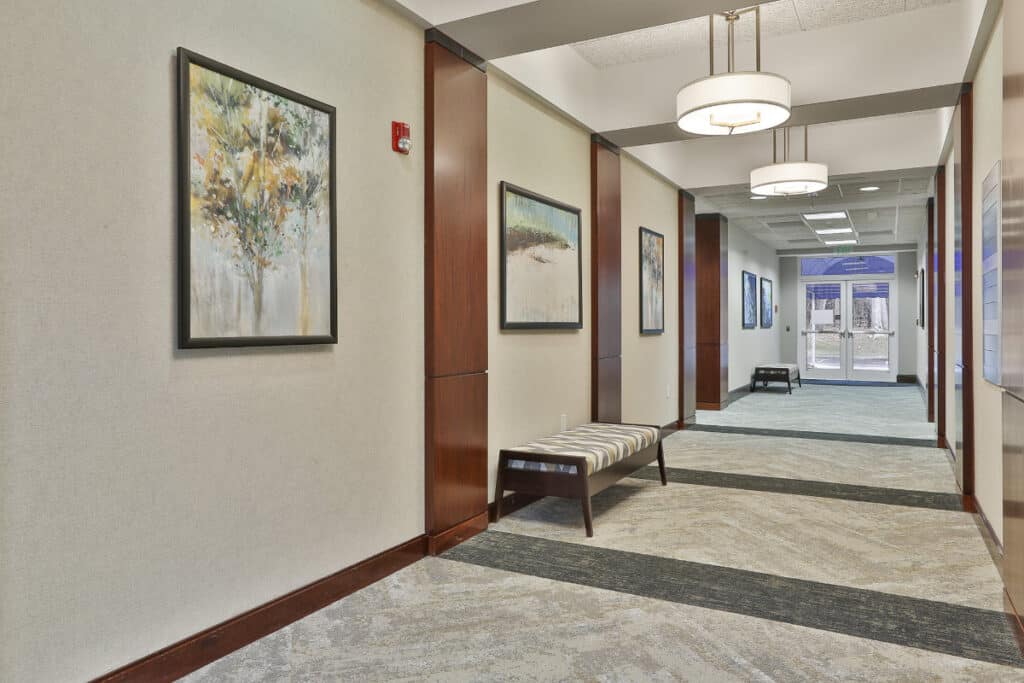 Interior common areas for the 500 Westpark Drive office building in Peachtree City, GA.