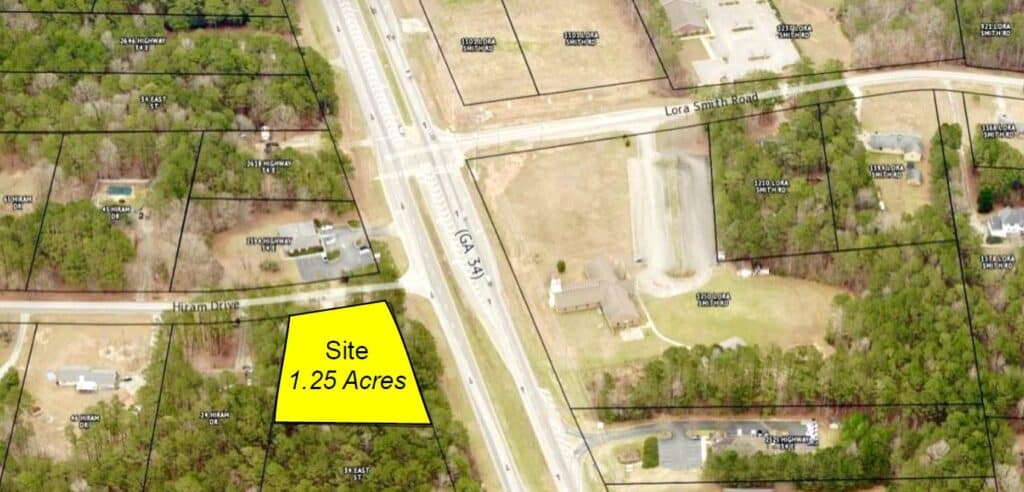 Aerial view of 1.25 acre site off of Hwy. 34 and Hiram Drive in Newnan, GA.