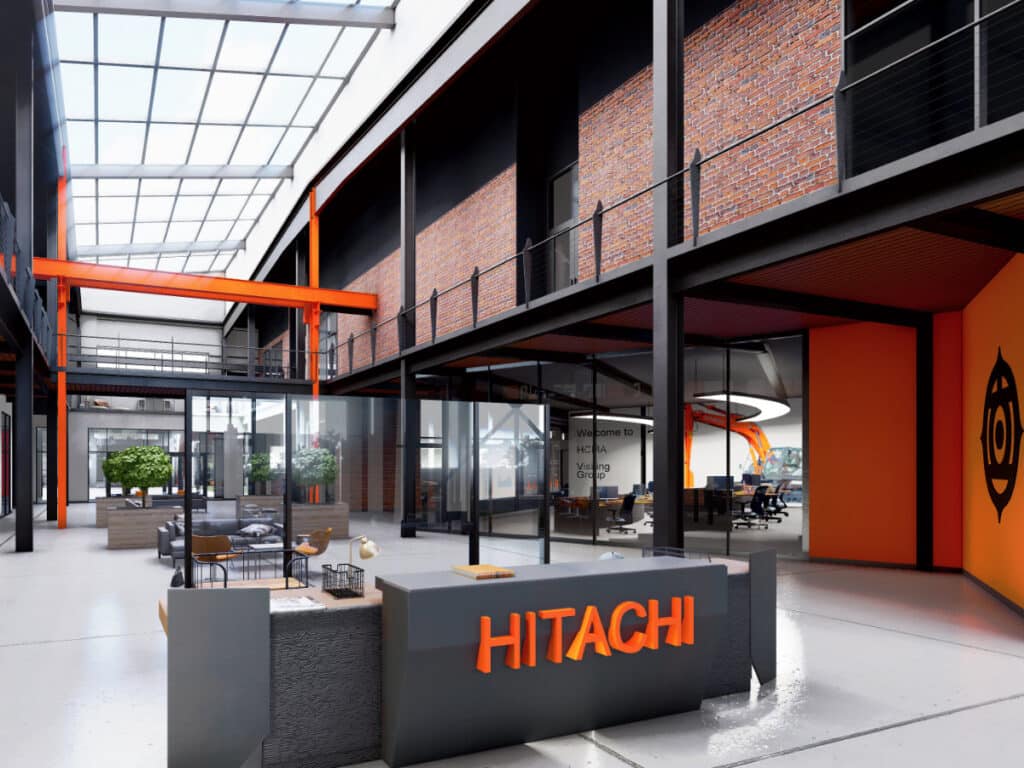 Rendering of entrance for Hitachi Construction Machinery Americas Inc. in Newnan, GA.