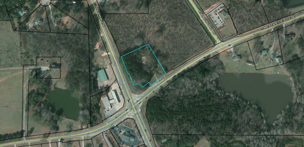 Land For Sale at the corner of Hwy 154 and Lower Fayetteville Rd in Sharpsburg, GA.